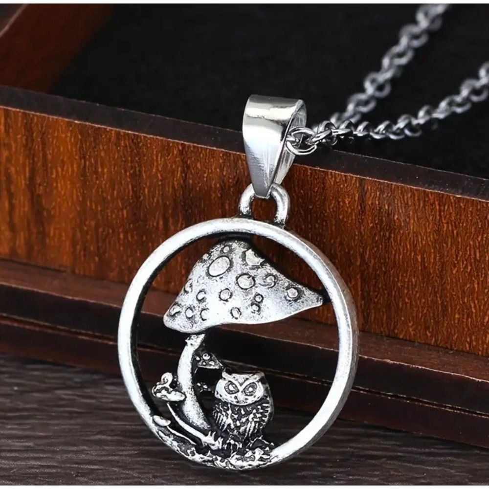 Silver Tone Owl Mushroom‎ Pendant Necklace Boho Woodland Jewelry